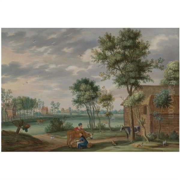 A Farmyard With A Maid Milking A Cow, Extensive Flat Pastures Beyond Oil Painting by Isaac Van Oosten