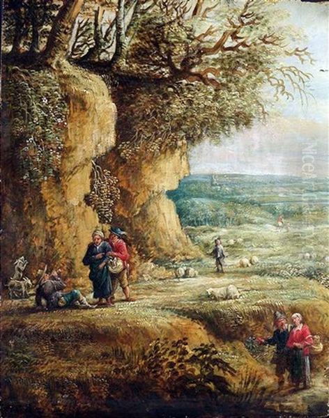 Hirten Mit Schafen Und Ziegen Am Rande Einer Boschung Vor Weiter Fluslandschaft Oil Painting by Isaac Van Oosten