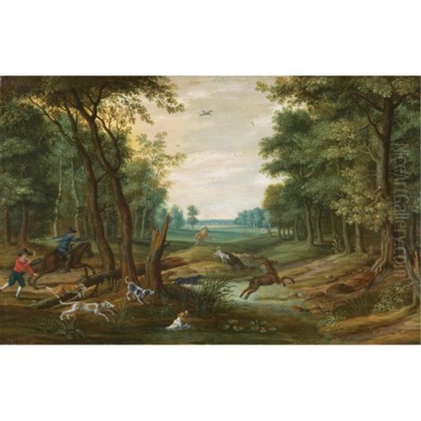 A Stag Hunt Oil Painting by Isaac Van Oosten