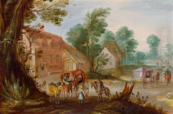 Eine Dorfstrase In Flandern Mit Reisenden In Einem Planwagen Oil Painting by Isaac Van Oosten