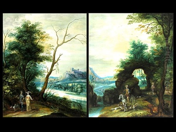 Landschaft Mit Reitendem Jager (+ Another; Pair) Oil Painting by Isaac Van Oosten