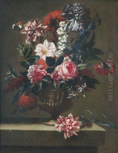 Blumenstilleben In Einer Reliefierten Henkelamphora Auf Steinpodest Oil Painting by Jean Baptiste Belin de Fontenay