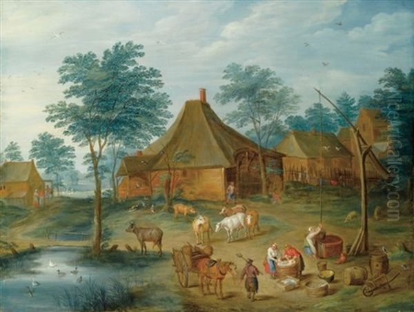 A Farmyard With Peasants Washing Clothes Near A Draw-well, A Peasant With His Horse-drawn Cart In The Foreground And A Shepherd With His Cattle Near A Farmhouse Oil Painting by Isaac Van Oosten