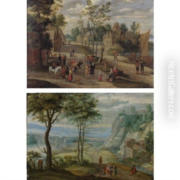 Landscape With A Village Dance (+ Landscape With Gypsies Telling A Traveller's Fortune; Pair) Oil Painting by Isaac Van Oosten