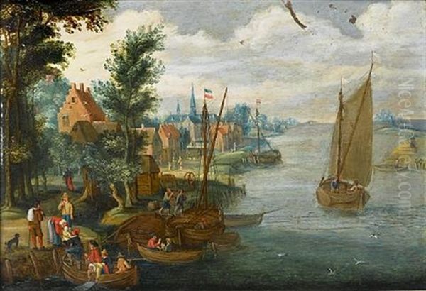 A River Landscape With Figures Loading Barges And A Ferry In The Foreground, A Village Beyond Oil Painting by Isaac Van Oosten