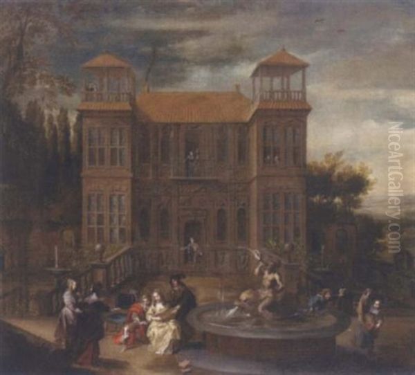 A Country House With Elegant Company Playing Music And Cavorting In The Courtyard Oil Painting by Isaac Van Oosten