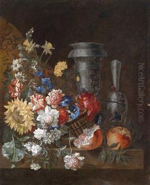 A Still Life Of Flowers And Fruit With Two Magnificent Blue And White Vessels Oil Painting by Jean Baptiste Belin de Fontenay