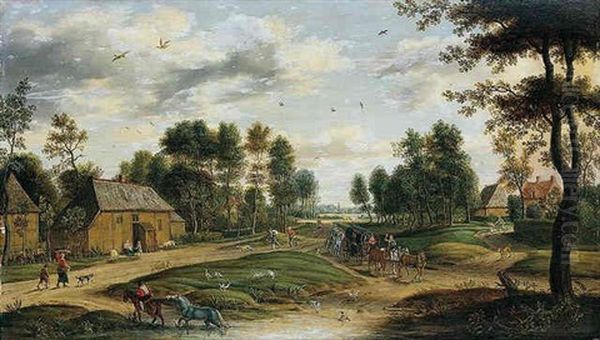 A Landscape With A Waggon And Other Figures Passing Through A Village Oil Painting by Isaac Van Oosten