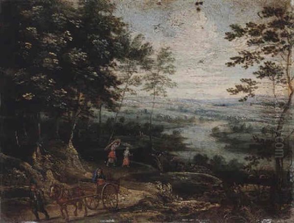 River Landscape With A Waggoners In The Foreground Oil Painting by Isaac Van Oosten