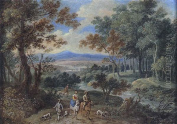 Bewaldete Fluslandschaft Mit Reisenden Oil Painting by Isaac Van Oosten