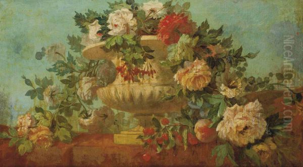 Urne De Fleurs Sur Une Balustrade Oil Painting by Jean Baptiste Belin de Fontenay