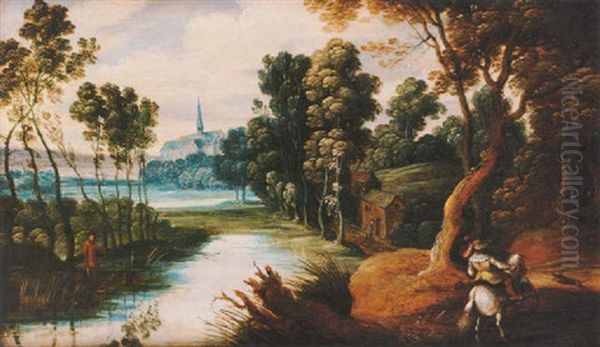 A Wooded River Landscape With A Rider And His Dog In The Foreground, A Monastery In The Distance Beyond Oil Painting by Isaac Van Oosten