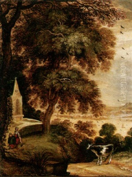 A River Landscape With A Maid Halted With Her Cattle On A Path Before A Chapel Oil Painting by Isaac Van Oosten