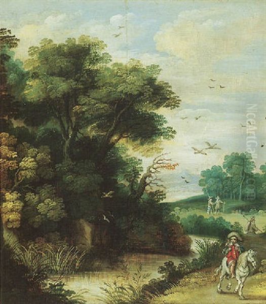 A River Landscape With A Falconer And Other Figures On A Path Oil Painting by Isaac Van Oosten