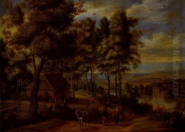 A Wooded River Landscape With Travellers Conversing On A Path, A Country House Beyond Oil Painting by Isaac Van Oosten