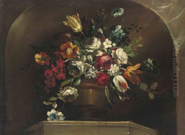 Roses, Tulips And Other Flowers In An Urn On A Ledge, In A Stoneniche Oil Painting by Jean Baptiste Belin de Fontenay