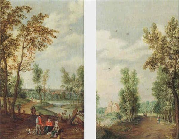 A River Landscape With Travellers And Their Dogs Resting In The Foreground, A Village In The Distance Oil Painting by Isaac Van Oosten