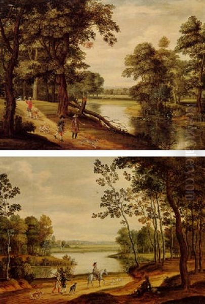 A Landscape With Sportsmen On A Path By A Lake Oil Painting by Isaac Van Oosten