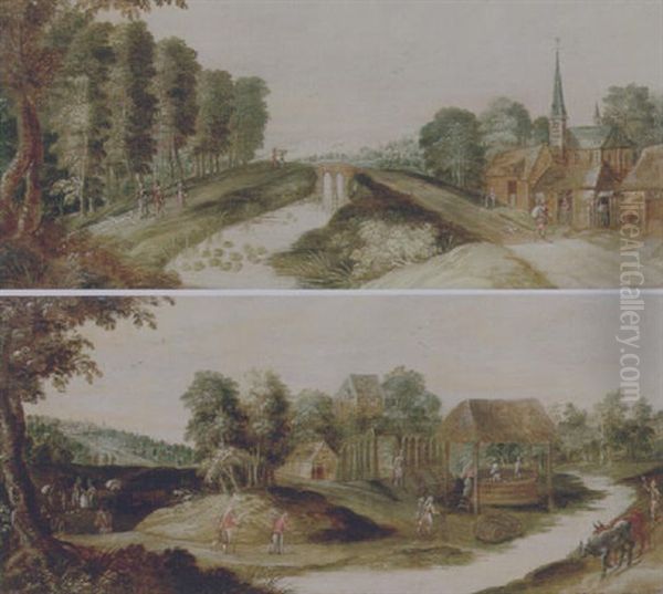 A Riverside Village With Travellers On A Path Near A Bridge Oil Painting by Isaac Van Oosten