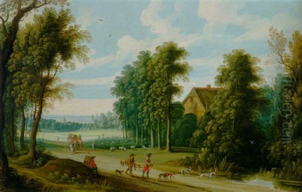 An Extensive Wooded Landscape With A Falconer And His Hoop On A Path, Countryfolk And Sheep Beyond Oil Painting by Isaac Van Oosten