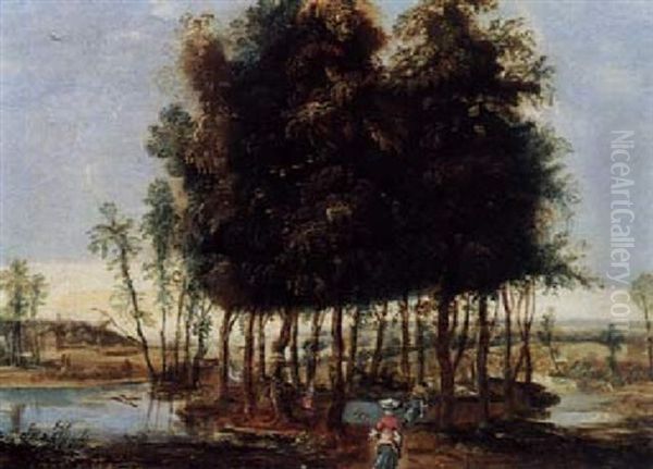 Extensive Landscape With Women In A Spinney Oil Painting by Isaac Van Oosten