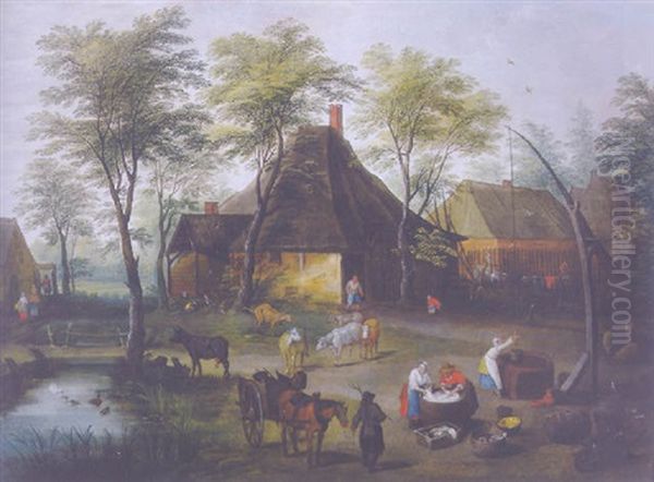 Peasants At Work In A Farmyard Oil Painting by Isaac Van Oosten