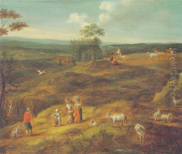 A Rustic Landscape With Maids Carrying Laundry And A Man Watching His Sheep Oil Painting by Isaac Van Oosten