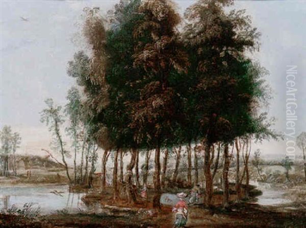 A River Landscape With Figures In A Spinney Oil Painting by Isaac Van Oosten