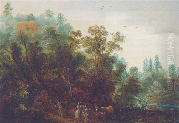 A Landscape With Drovers On A Wooded Path, A Hilltop Village And A Cottage Beyond by Isaac Van Oosten