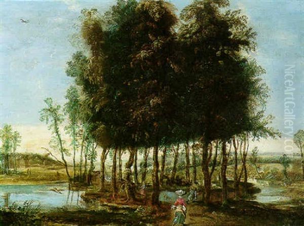 A River Landscape With Figures In A Spinney Oil Painting by Isaac Van Oosten