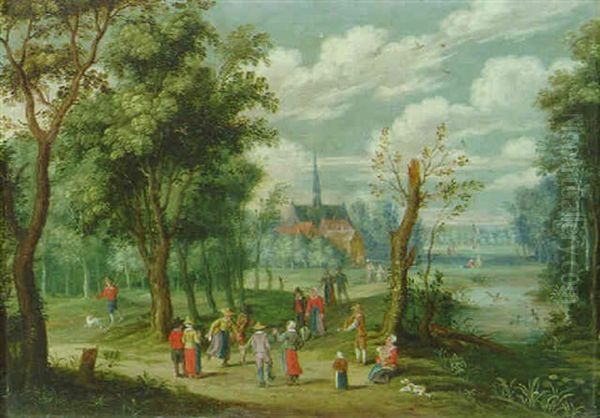 A Wooded Landscape With Peasants Dancing, A Hamlet Beyond Oil Painting by Isaac Van Oosten