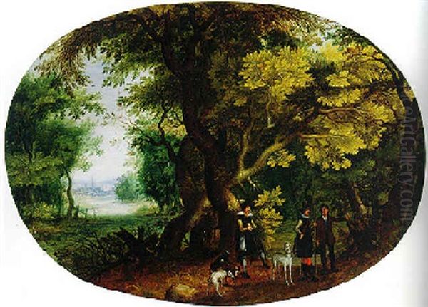 Hunters With Their Dogs In A Wooded Landscape Oil Painting by Isaac Van Oosten