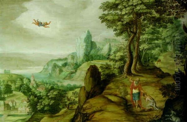 An Extensive Mountainous Landscape With The Sacrifice Of Isaac Oil Painting by Isaac Van Oosten