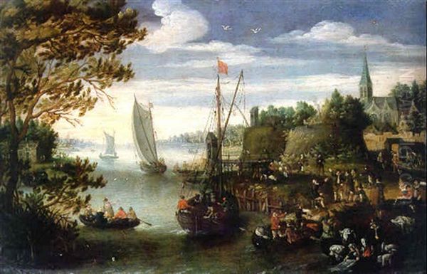 A River Landscape With Figures Trading From A Quay Oil Painting by Isaac Van Oosten