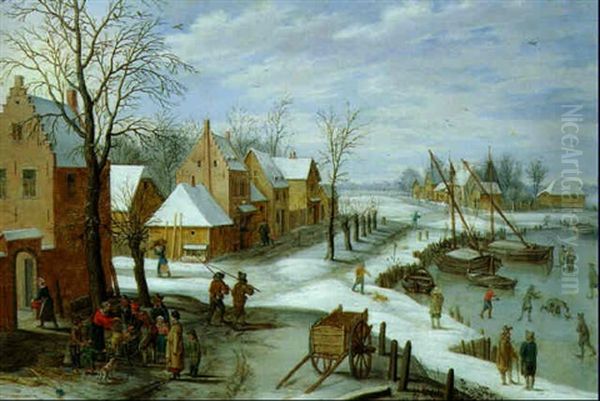 Vue D'un Village Fluvial En Hiver Oil Painting by Isaac Van Oosten