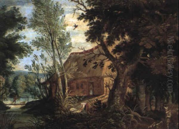 Wooded Landscape With A Huntsman And His Dogs Outside A Cottage Oil Painting by Isaac Van Oosten