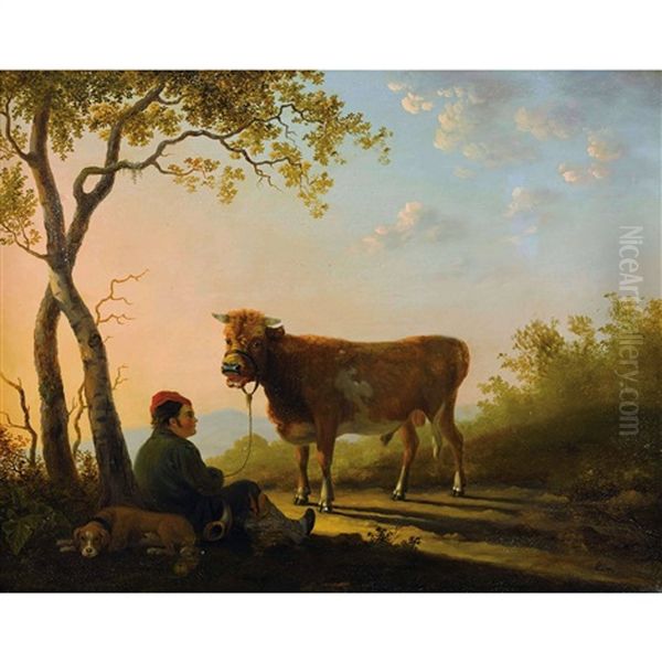 Abendstimmung Mit Schafer, Hund Und Kuh Oil Painting by Daniel van Oosterhoudt