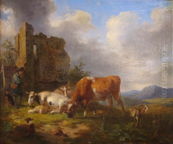 Farm Animals By Ruins Oil Painting by Dirck Oosterhout