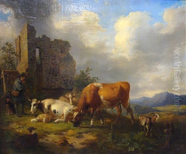 Farm Animals By Ruins Oil Painting by Dirck Oosterhout