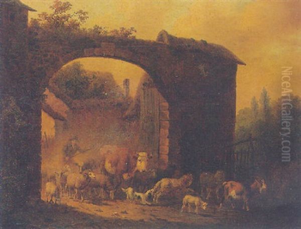 A Herdsman Driving His Cattle, Sheep And Goats Through An Archway Oil Painting by Dirck Oosterhout