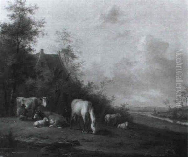 Hollandische Landschaft Mit Bauernhaus Und Vieh Oil Painting by Dirck Oosterhout