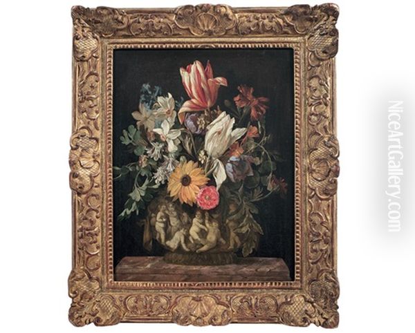 Fleurs Coupees Dans Un Vase De Pierre Orne De Putti Oil Painting by Maria van Oosterwyck