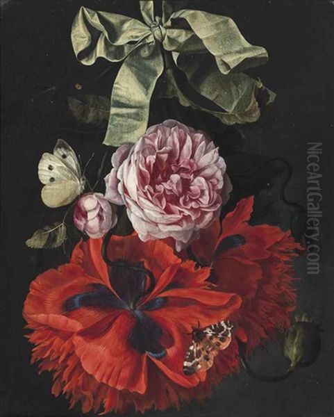 Roses And Carnations Hanging From A Green Ribbon With A Moth And A Butterfly Oil Painting by Maria van Oosterwyck