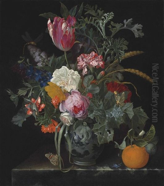 Roses, A Parrot Tulip, Carnations, Ears Of Wheat, Hyacinths And Other Flowers With Butterflies In A Chinese Vase, With An Orange On A Marble Ledge Oil Painting by Maria van Oosterwyck