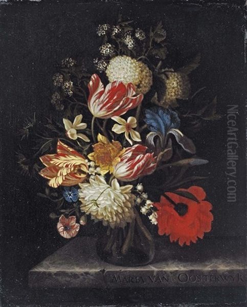 Tulips, Lilies, Roses, An Iris And Other Flowers In A Glass Vase, On A Marble Ledge Oil Painting by Maria van Oosterwyck