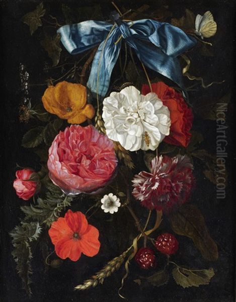 A Swag Of Roses, Poppies, Other Flowers And Berries Held By A Blue Ribbon Suspended From A Nail, With A Butterfly Oil Painting by Maria van Oosterwyck