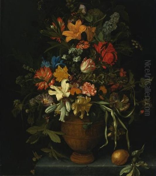 A Floral Still Life With Yellow And White Lilies, An Iris, A Sunflower, A Narcissus, Carnations And Other Flowers In A Terracotta Vase, Placed On A Ledge With A Lemon, A Lime And A Butterfly Oil Painting by Maria van Oosterwyck