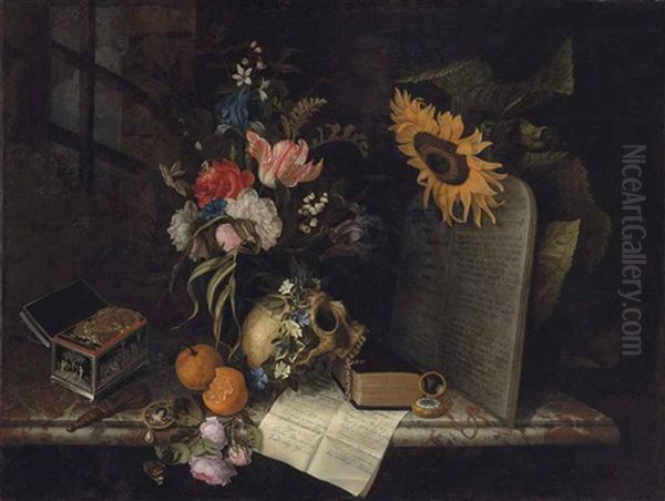 Roses, Tulips, Irises And Other Flowers In A Vase, A Skull With A Wreath Of Morning Glory, And Oranges, Roses, A Book, A Pocket Watch... Oil Painting by Maria van Oosterwyck