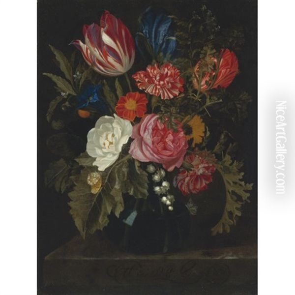 Still Life Of Roses, Carnations, A Tulip And Other Flowers In A Glass Vase Oil Painting by Maria van Oosterwyck