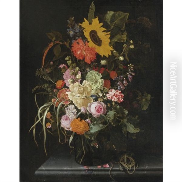 Still Life Of Roses, Carnations, Marigolds And Other Flowers With A Sunflower And Striped Grass, In A Glass Vase With A Knife And String Upon A Marble Ledge by Maria van Oosterwyck